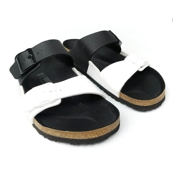 NEW Birkenstock Arizona Two Strap Color Block Buckle Sandals Black White Mens 11